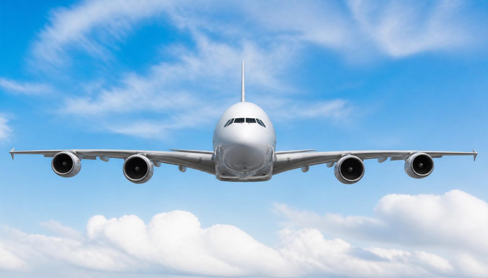 Airliner flying head-on through soft clouds